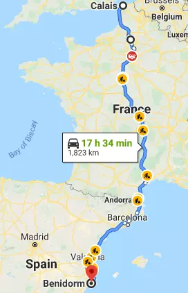 Driving Routes, France to Spain, Calais to Benidorm