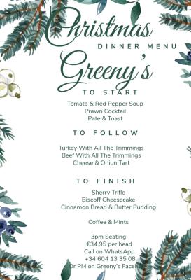 Christmas Dinner Menu at Greeny's